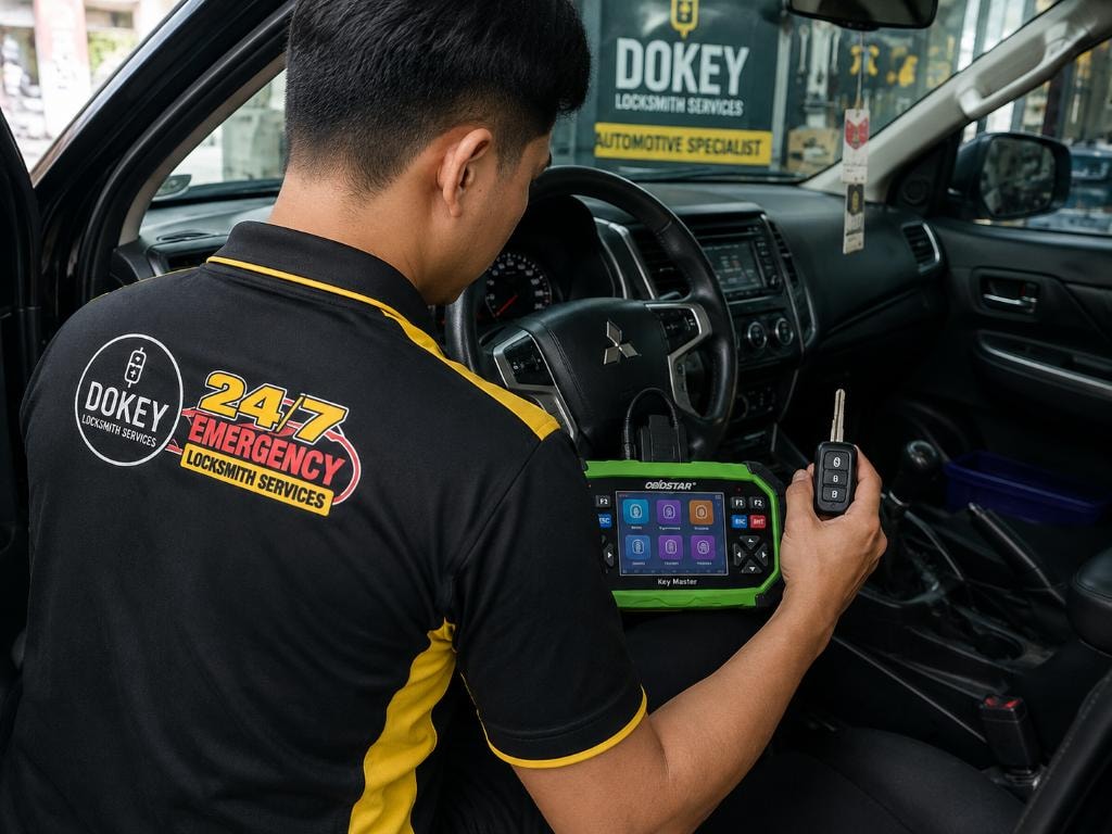 Dokey automotive locksmith working with vehicle key-programming equipment.